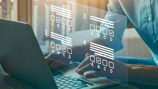 A close-up of a person using a laptop with a digital overlay showing multiple-choice practice questions for an exam.