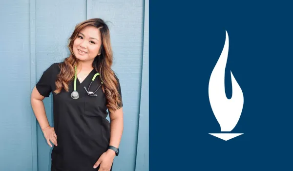 Sarah Duron next to white Concorde torch on blue background