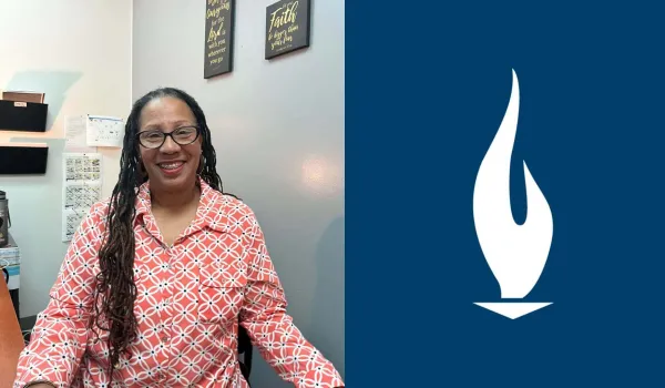 Chantel Miller sitting in her office at Concorde next to an image of the Concorde logo on a blue background.