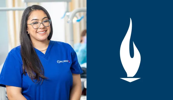 Lindsay in Concorde student scrubs next to the Concorde logo.