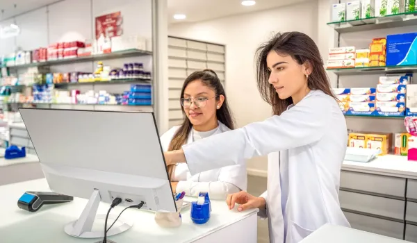 Pharmacy technician students learning prescription entry and workflow using pharmacy software