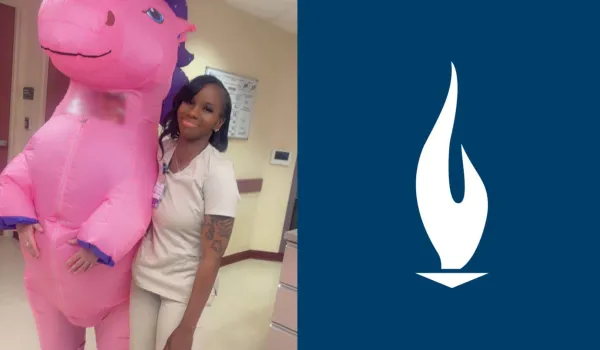 Antwonette-in-brown-scrubs-at-work-standing-next-to-a-coworker-in-a-unicorn-costume