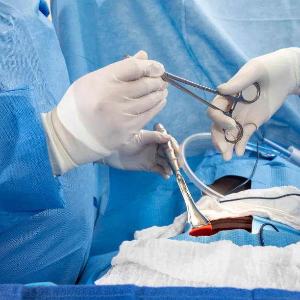 Surgical Tech in gloves passing an instrument to surgeon in the operating room.