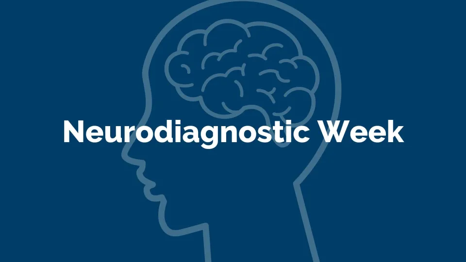 Neurodiagnostic Week on blue background with faded illustration of head and brain Neurodiagnostic Week on blue background with faded illustration of head and brain