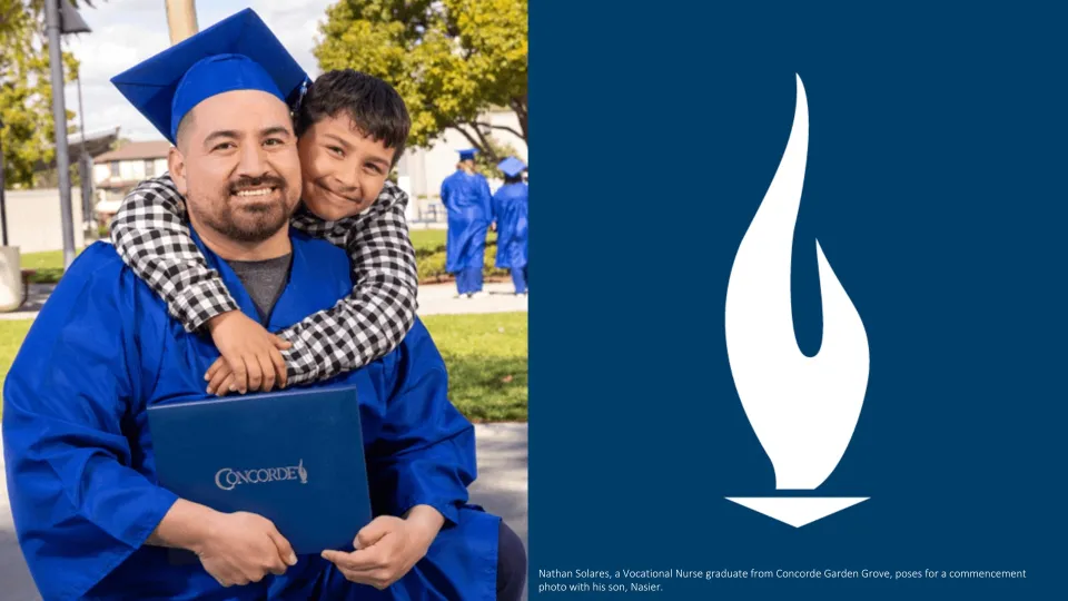 Nathan Solares, Concorde alumnus in cap and gown with son. Nathan Solares, Concorde alumnus in cap and gown with son.