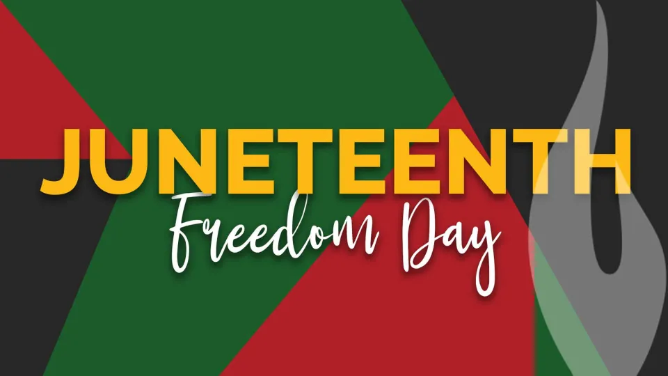 Juneteenth Freedom Day text on green red and black pattern background with torch overlay