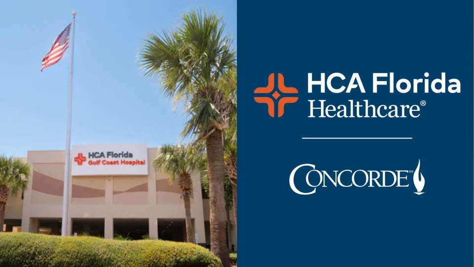 HCA Florida Gulf Coast Hospital next to their logo and Concorde logo