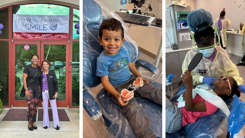 Three-picture collage of Concorde's Making Tampa Smile Event including, two people standing in front a sign, a child smiling in his stroller, and a student providing dental services to a patient. Three-picture collage of Concorde's Making Tampa Smile Event including, two people standing in front a sign, a child smiling in his stroller, and a student providing dental services to a patient.