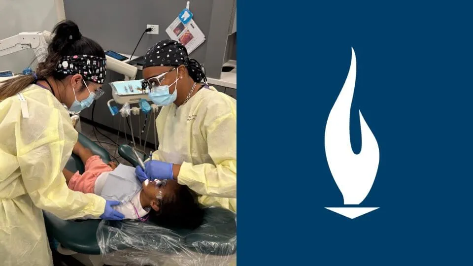 Two Concorde Dental Hygiene students providing no-cost dental services to a pediatric patient.