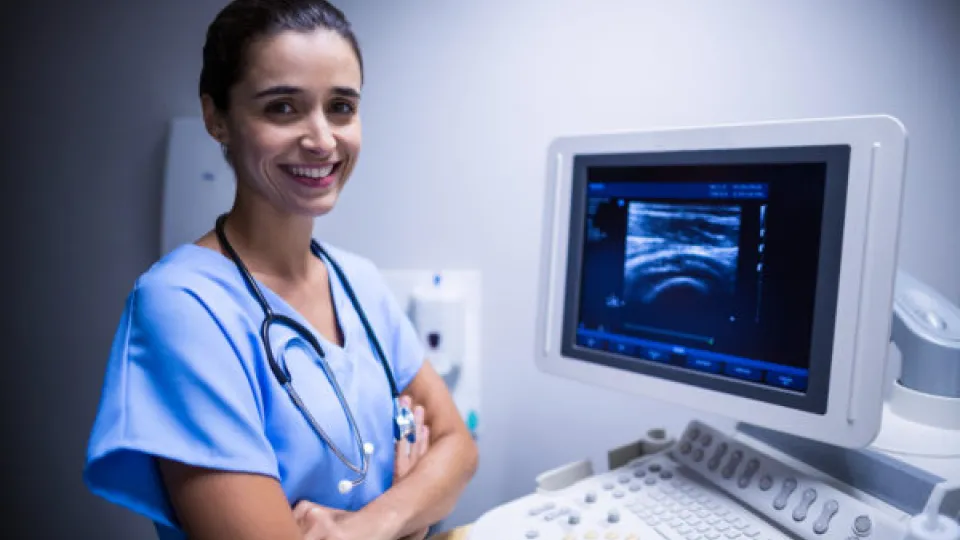 Nurse using ultrasonic monitor title