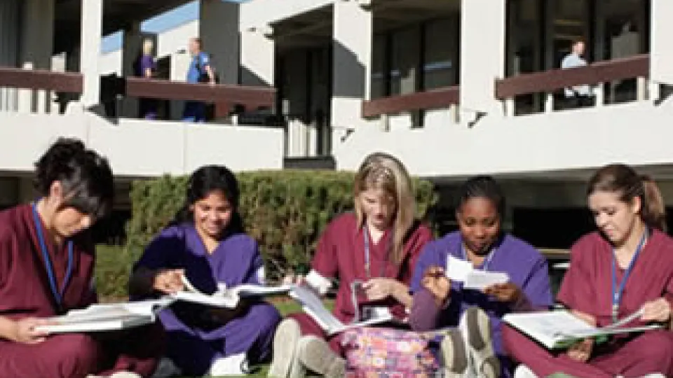 port_0 Students study on lawn outside Portland campus.